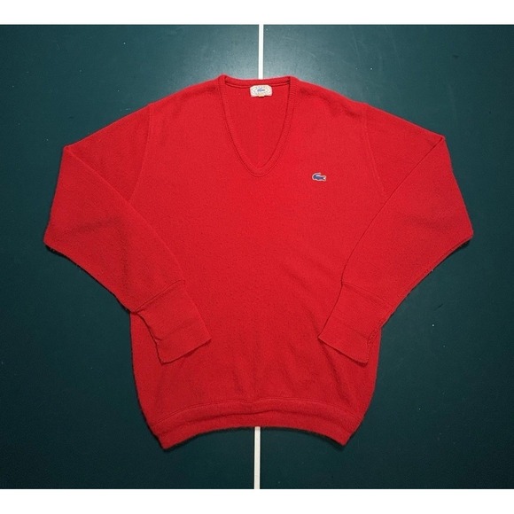 Izod Lacoste Sweaters - Vintage Izod Lacoste Sweater Women Large V Neck Pullover Knit Red Preppy 70s USA
